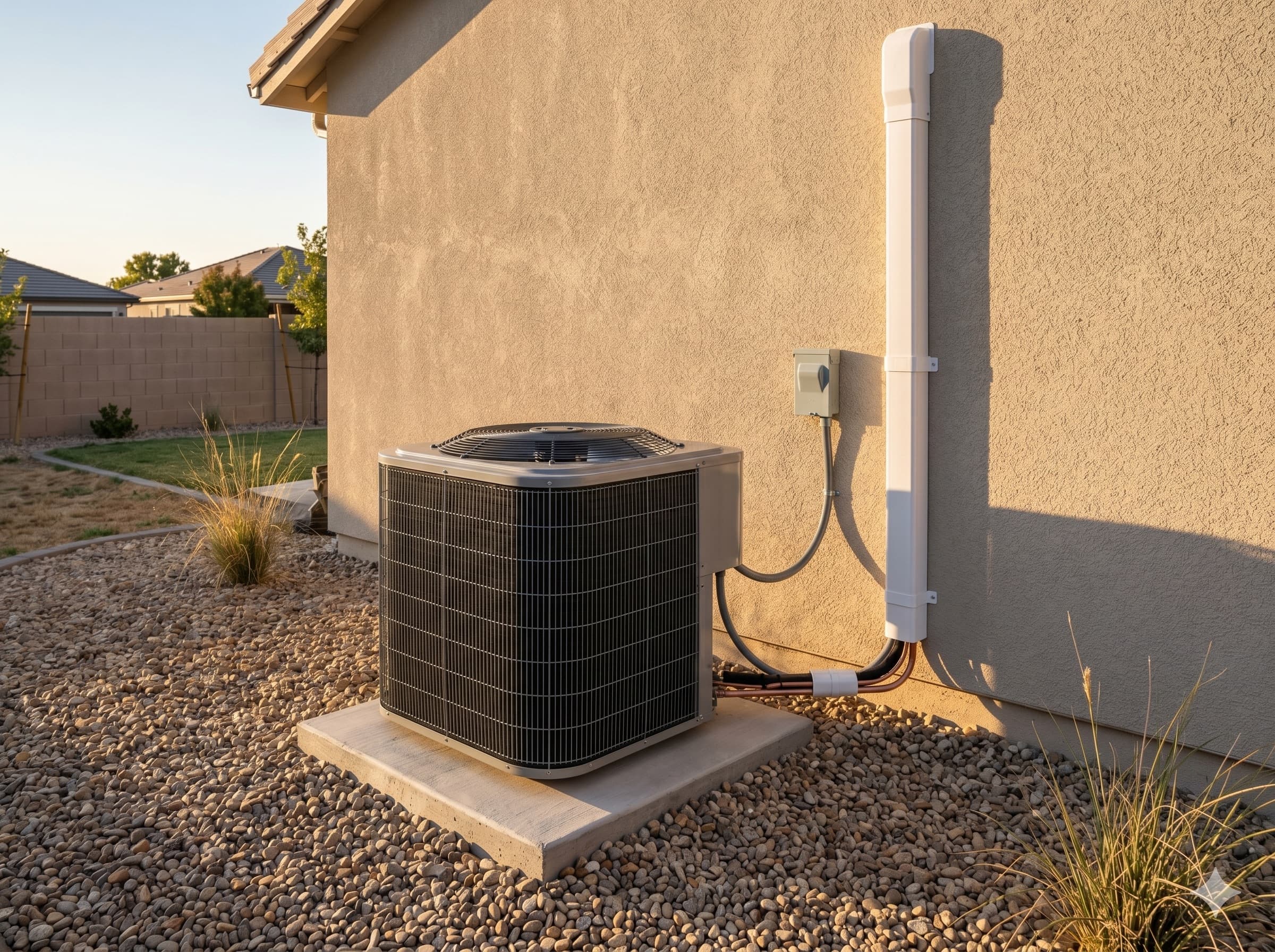 Outdoor condenser unit on a level concrete pad against beige stucco, copper line set in clean white cover, late-afternoon golden-hour light