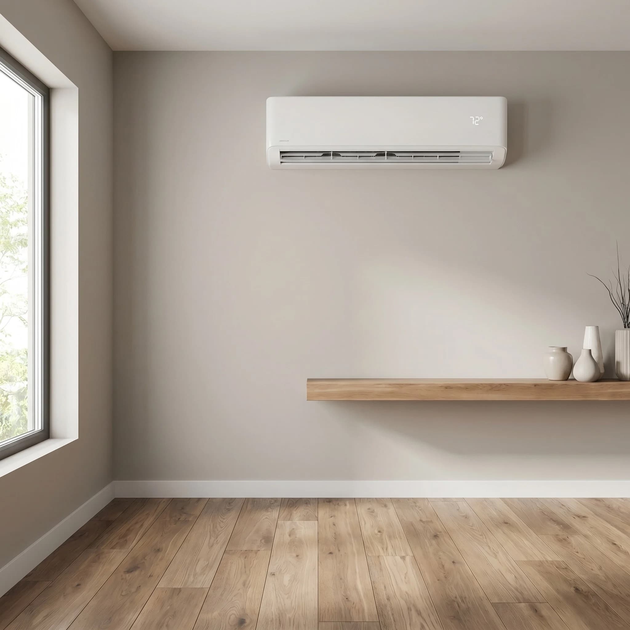 White ductless mini-split air handler mounted high on a contemporary residential interior wall, natural daylight from a side window, wood floor