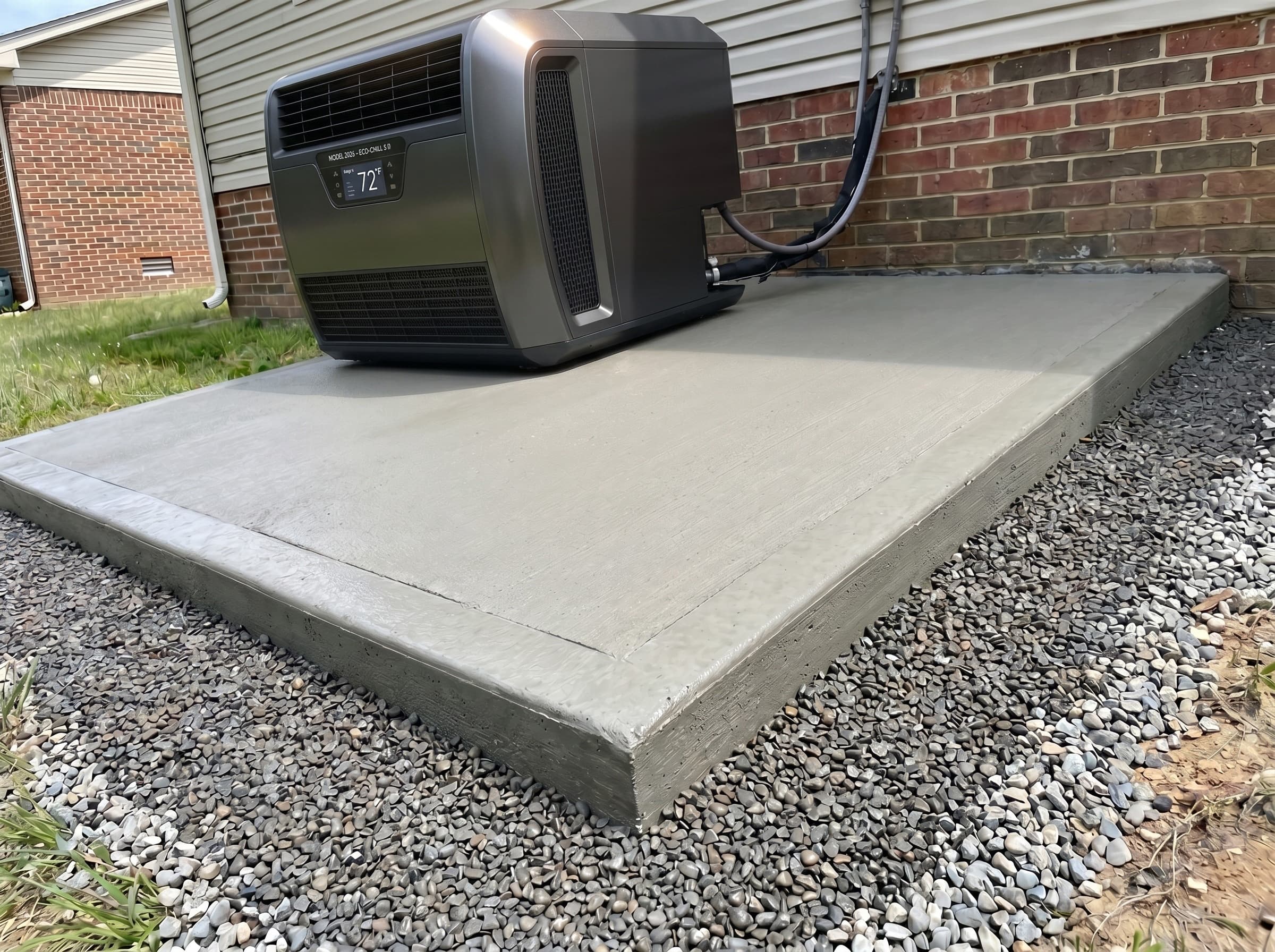 Level smooth freshly-poured concrete pad under a residential HVAC condenser, square edges with a gravel border