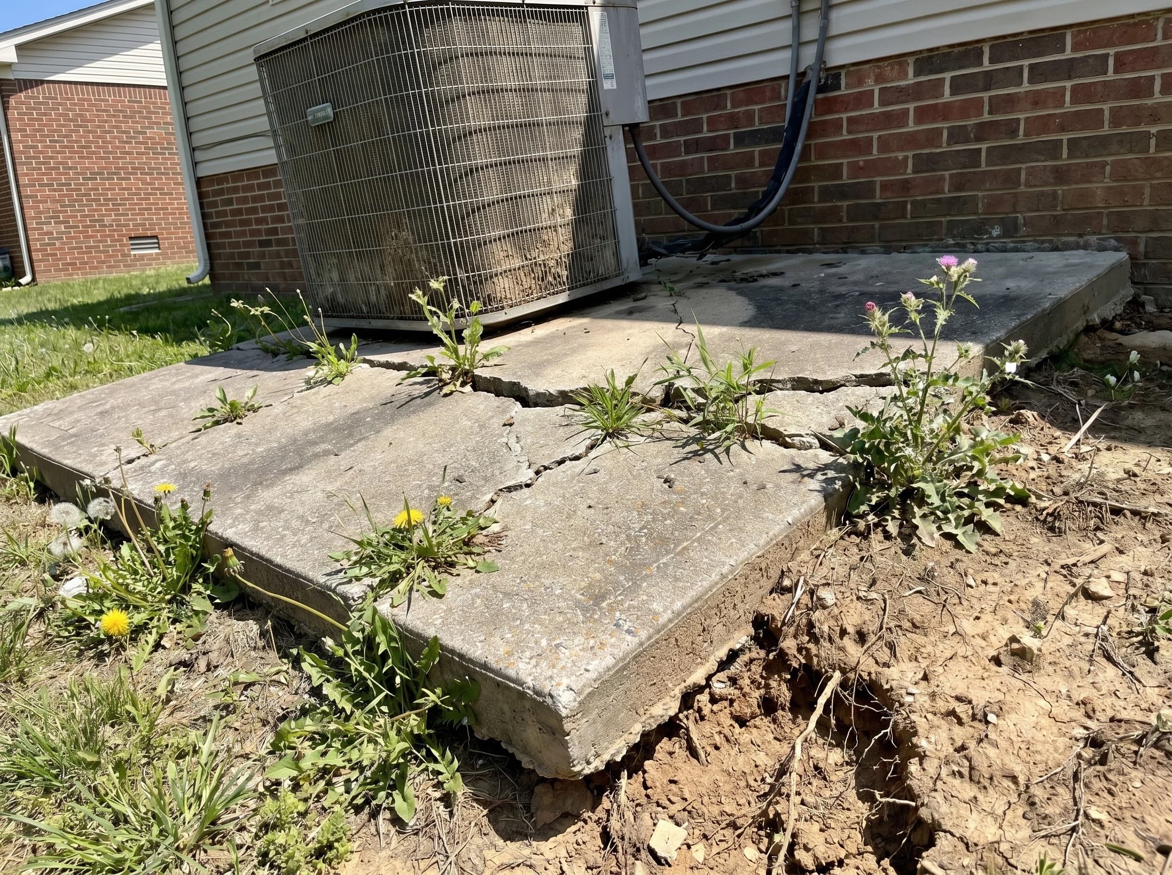 Uneven cracked concrete pad under a residential HVAC condenser, tilted with weeds growing through cracks and soil settling away from one corner