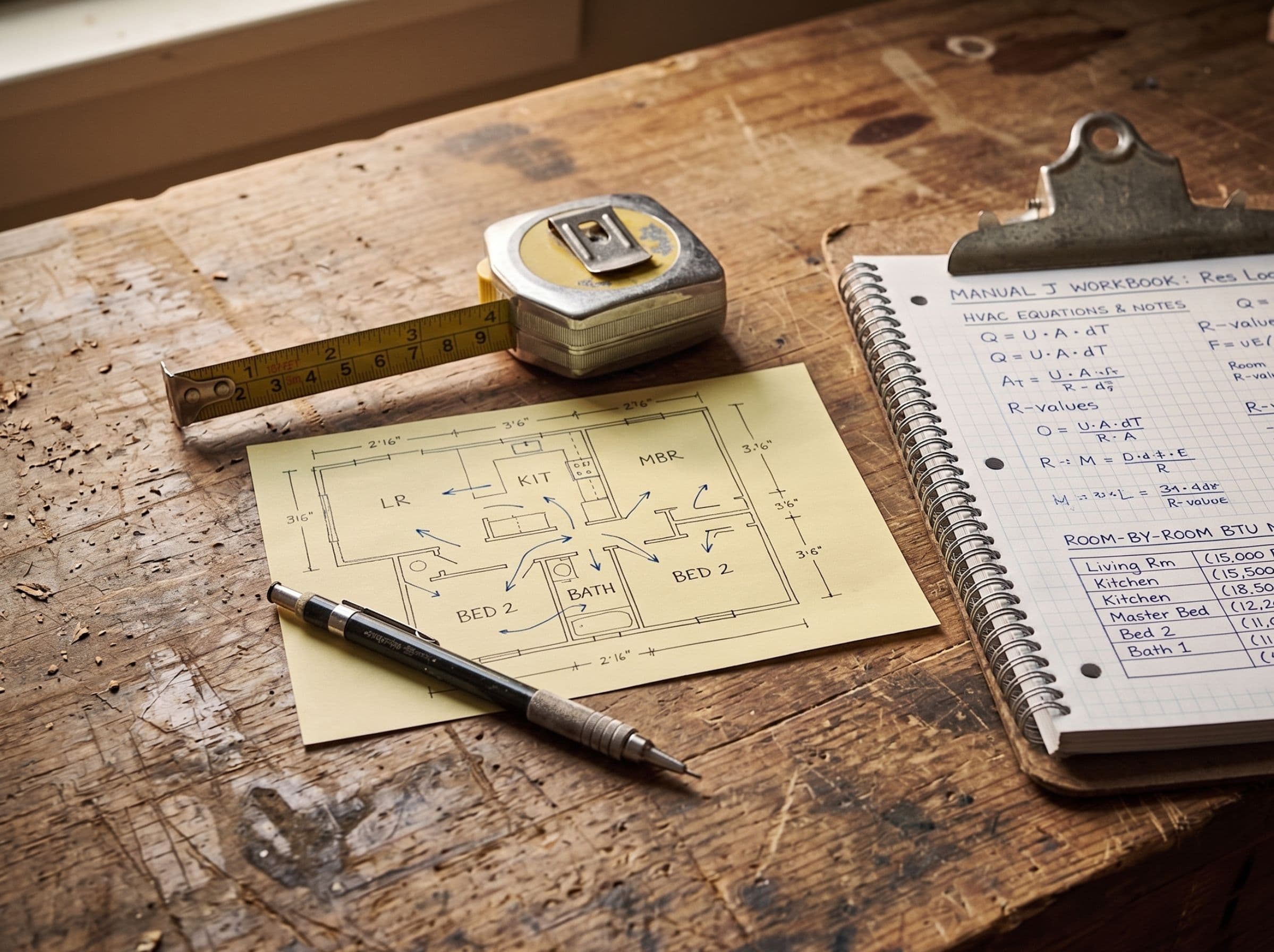 Open Manual J load-calculation workbook on a clipboard, alongside a tape measure, mechanical pencil, and hand-drawn floor plan sketch on a worn job-site wooden bench